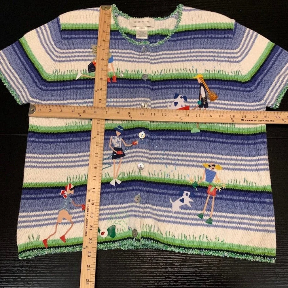 Susan Bristol Womens Short Sleeve Garden Embroidered Cardigan Blue Size M